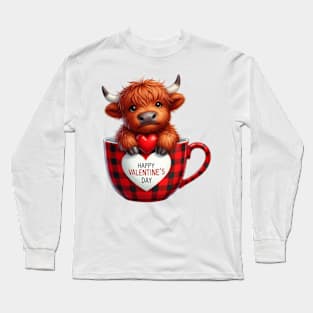 Valentine Highland Cow In Tea Cup Long Sleeve T-Shirt